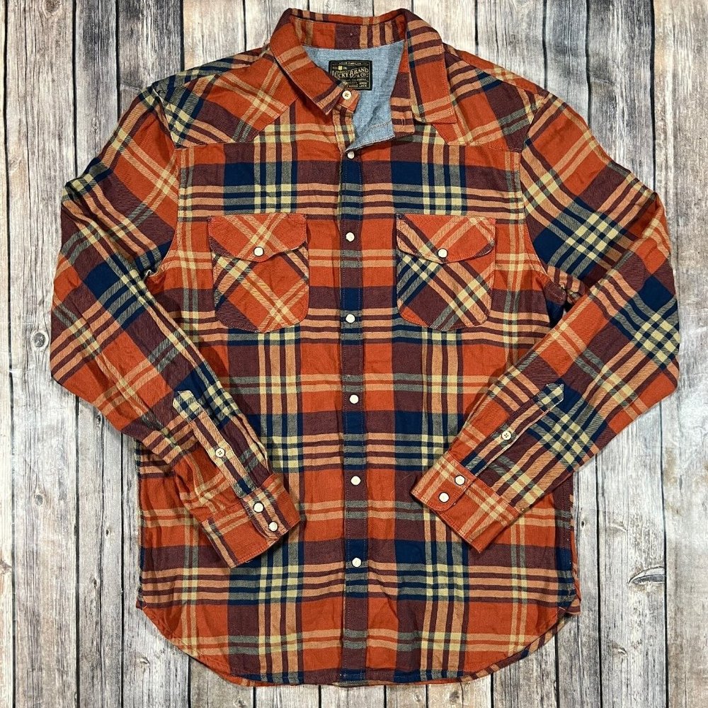 Lucky Brand Plaid Pearl Snap Flannel Long Sleeve Button Shirt Medium Mens Orange